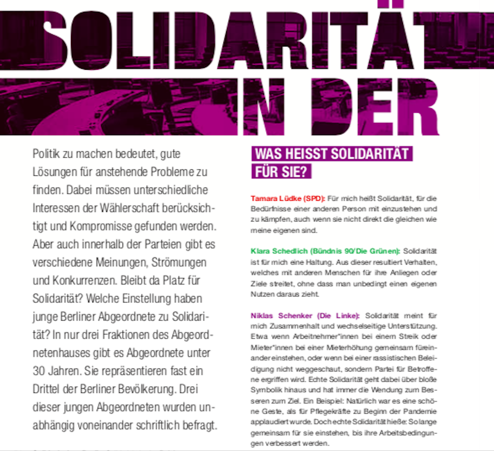 Ausschnitt junge Abgeordnete in Berlin zu Solidaritaet